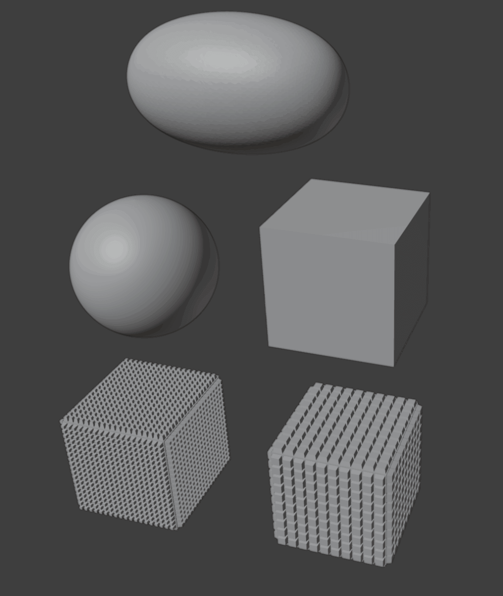 3D renders of stereognosis test shapes (sphere, ellipsoid and cubes) in light gray against a dark gray background